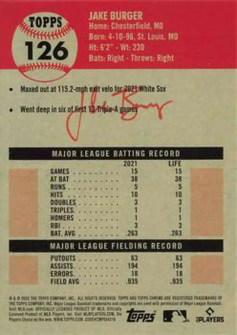 2022 Topps Chrome Platinum Anniversary #126 Jake Burger EX Excellent RC Rookie Chicago White Sox Baseball Card