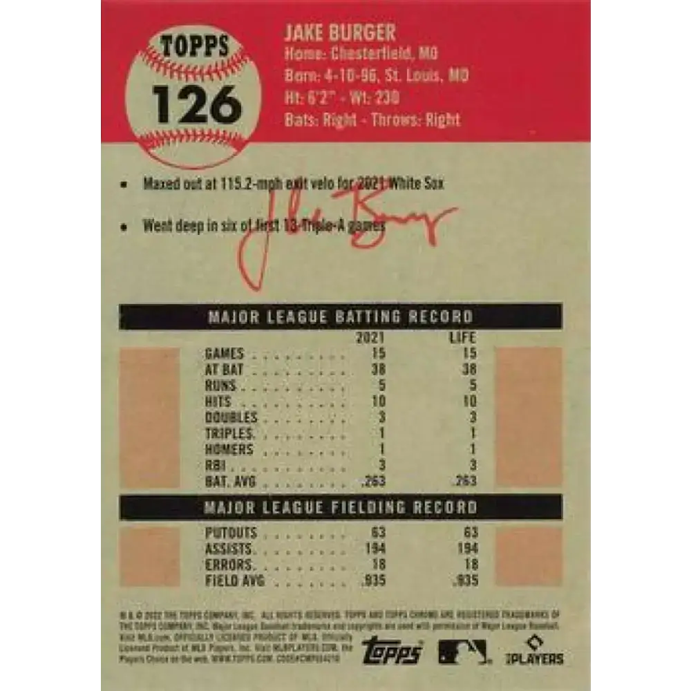 2022 Topps Chrome Platinum Anniversary #126 Jake Burger NM-MT RC Rookie Chicago White Sox Baseball Card - Baseball Card
