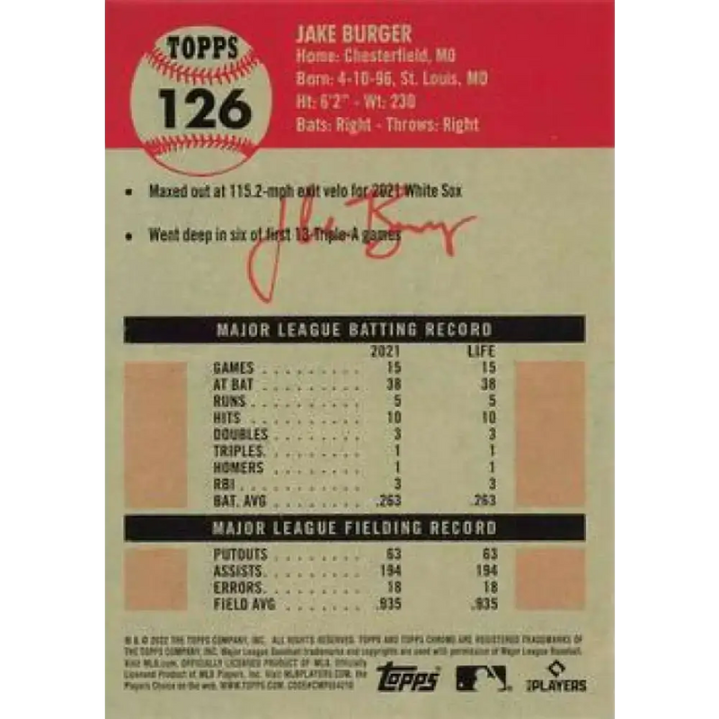 2022 Topps Chrome Platinum Anniversary #126 Jake Burger NM-MT RC Rookie Chicago White Sox Baseball Card - Baseball Card