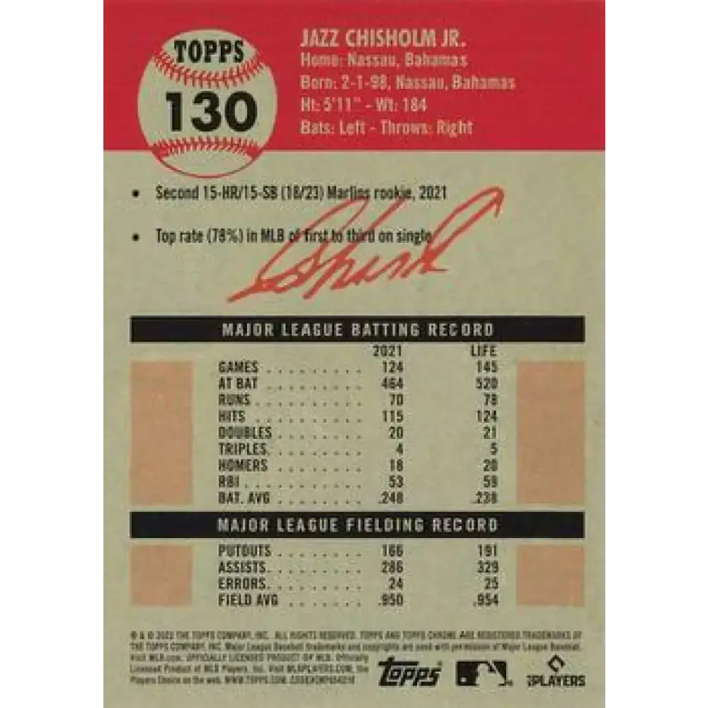 2022 Topps Chrome Platinum Anniversary #130 Jazz Chisholm Jr. NM-MT Miami Marlins Baseball Card - Baseball Card Single