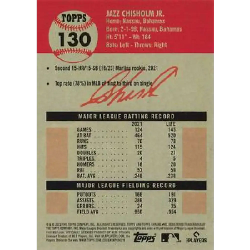 2022 Topps Chrome Platinum Anniversary #130 Jazz Chisholm Jr. NM-MT Miami Marlins Baseball Card - Baseball Card Single