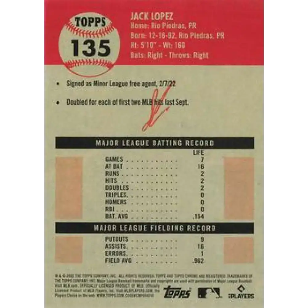 2022 Topps Chrome Platinum Anniversary #135 Jack Lopez NM-MT RC Rookie Detroit Tigers Baseball Card - Baseball Card