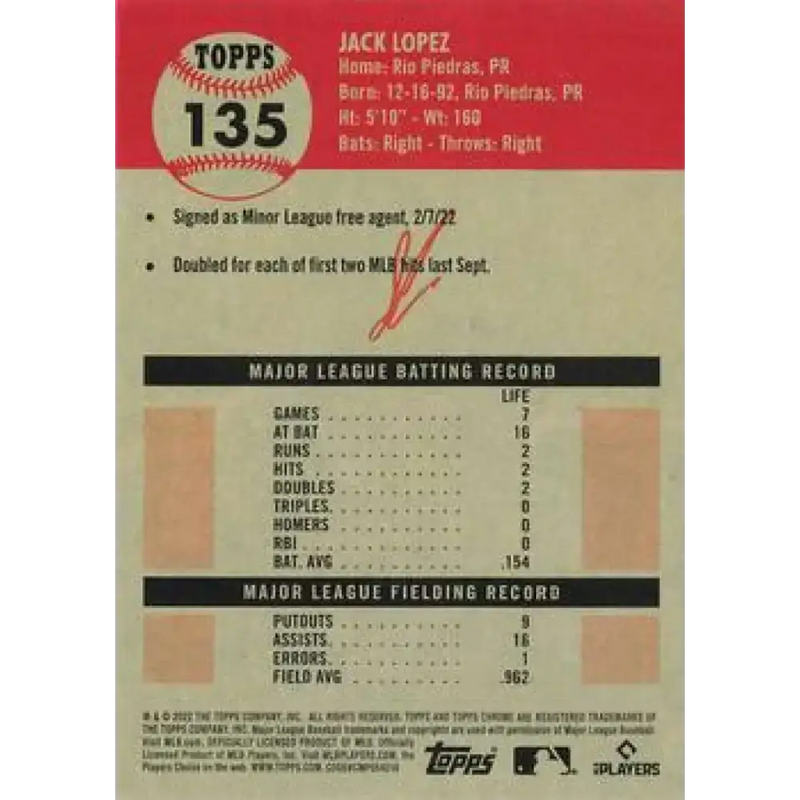 2022 Topps Chrome Platinum Anniversary #135 Jack Lopez NM-MT RC Rookie Detroit Tigers Baseball Card - Baseball Card