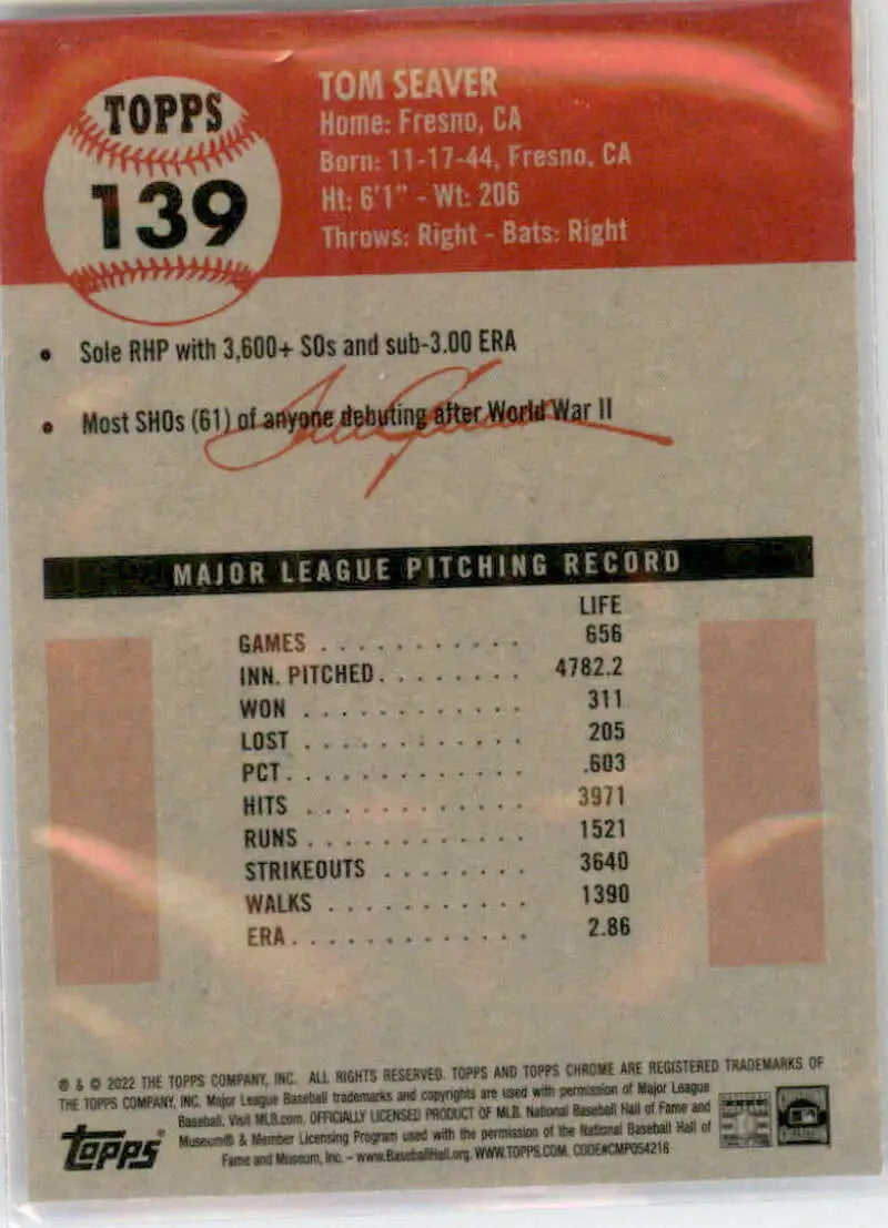 2022 Topps Chrome Platinum Anniversary #139 Tom Seaver EX Excellent New York Mets Baseball Card - Baseball Card Single