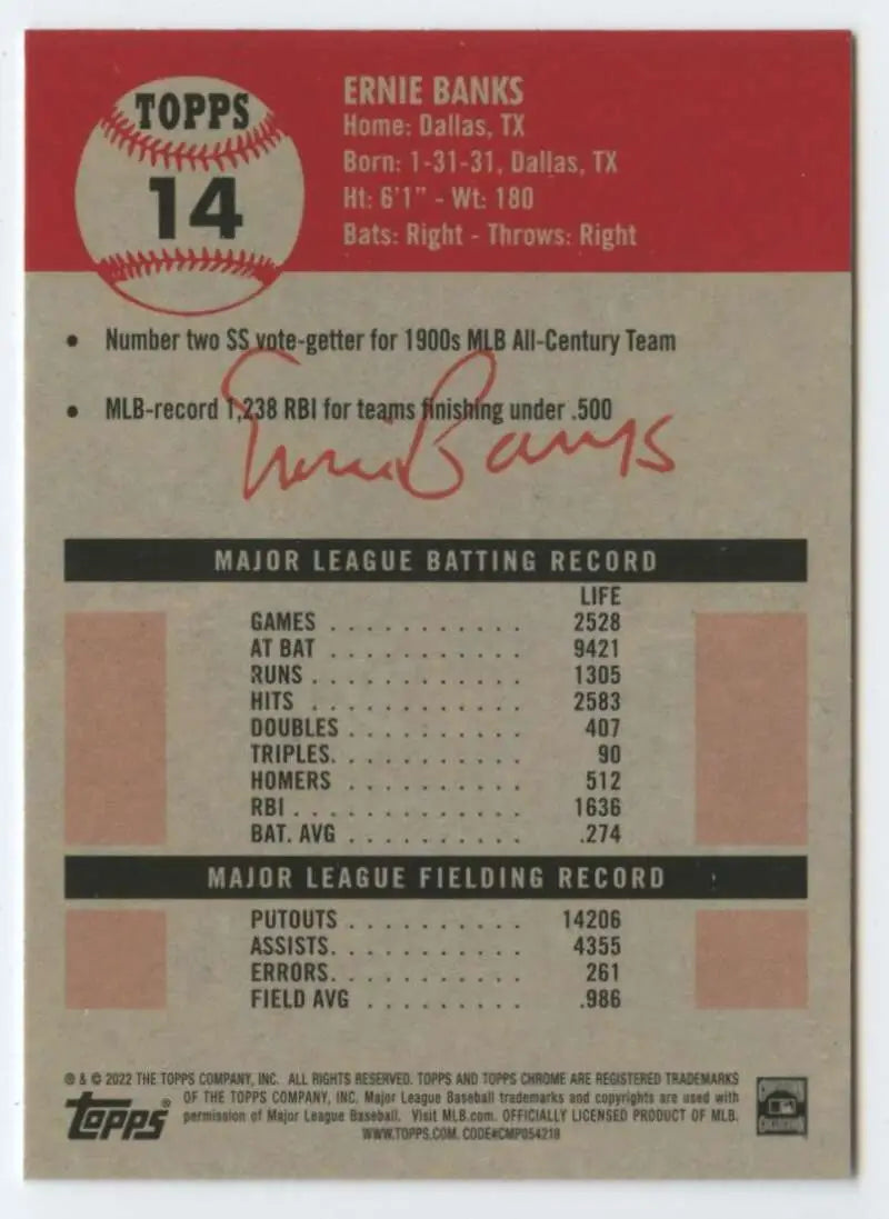 2022 Topps Chrome Platinum Anniversary #14 Ernie Banks EX Excellent Chicago Cubs Baseball Card - Baseball Card Single