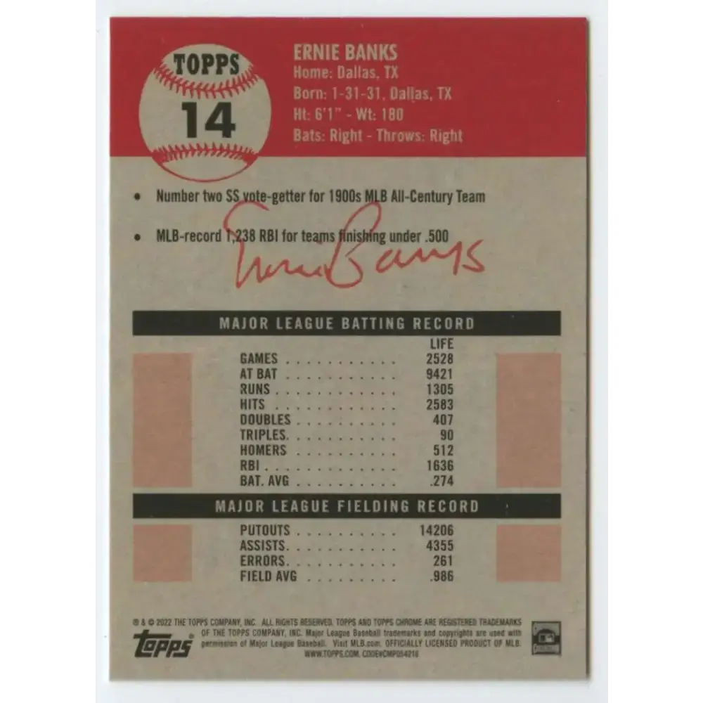 2022 Topps Chrome Platinum Anniversary #14 Ernie Banks NM-MT Chicago Cubs Baseball Card - Baseball Card Single