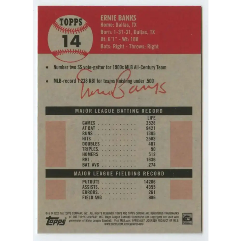 2022 Topps Chrome Platinum Anniversary #14 Ernie Banks NM-MT Chicago Cubs Baseball Card - Baseball Card Single
