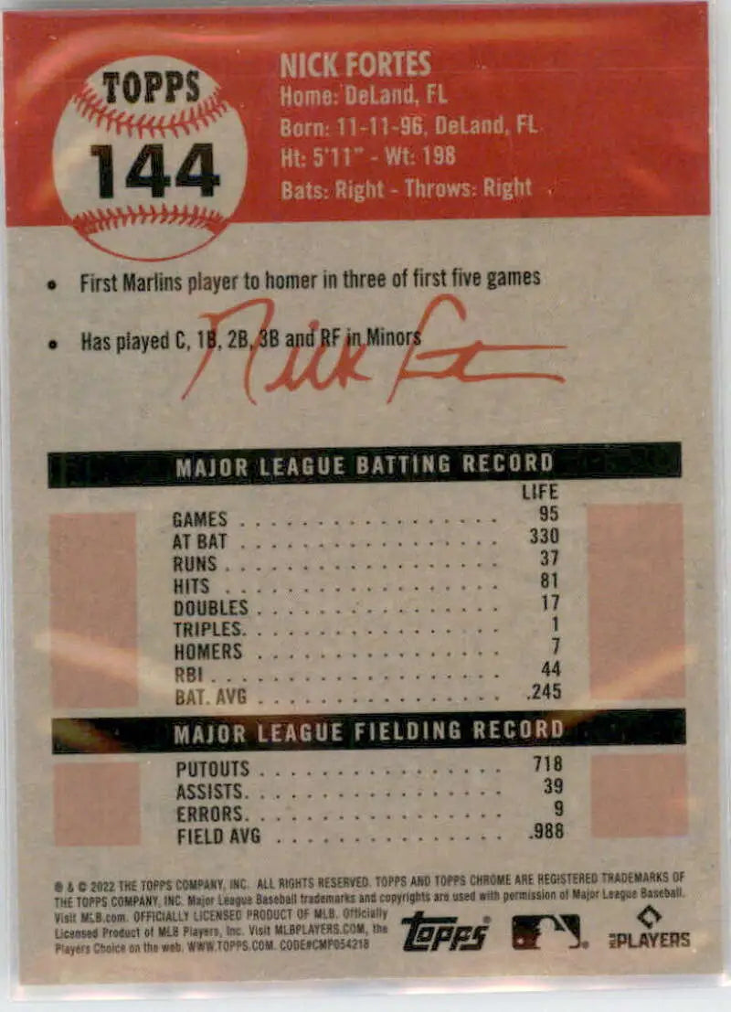 2022 Topps Chrome Platinum Anniversary #144 Nick Fortes EX Excellent RC Rookie Miami Marlins Baseball Card - Baseball