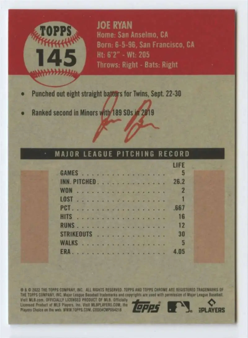 2022 Topps Chrome Platinum Anniversary #145 Joe Ryan EX Excellent RC Rookie Minnesota Twins Baseball Card - Baseball