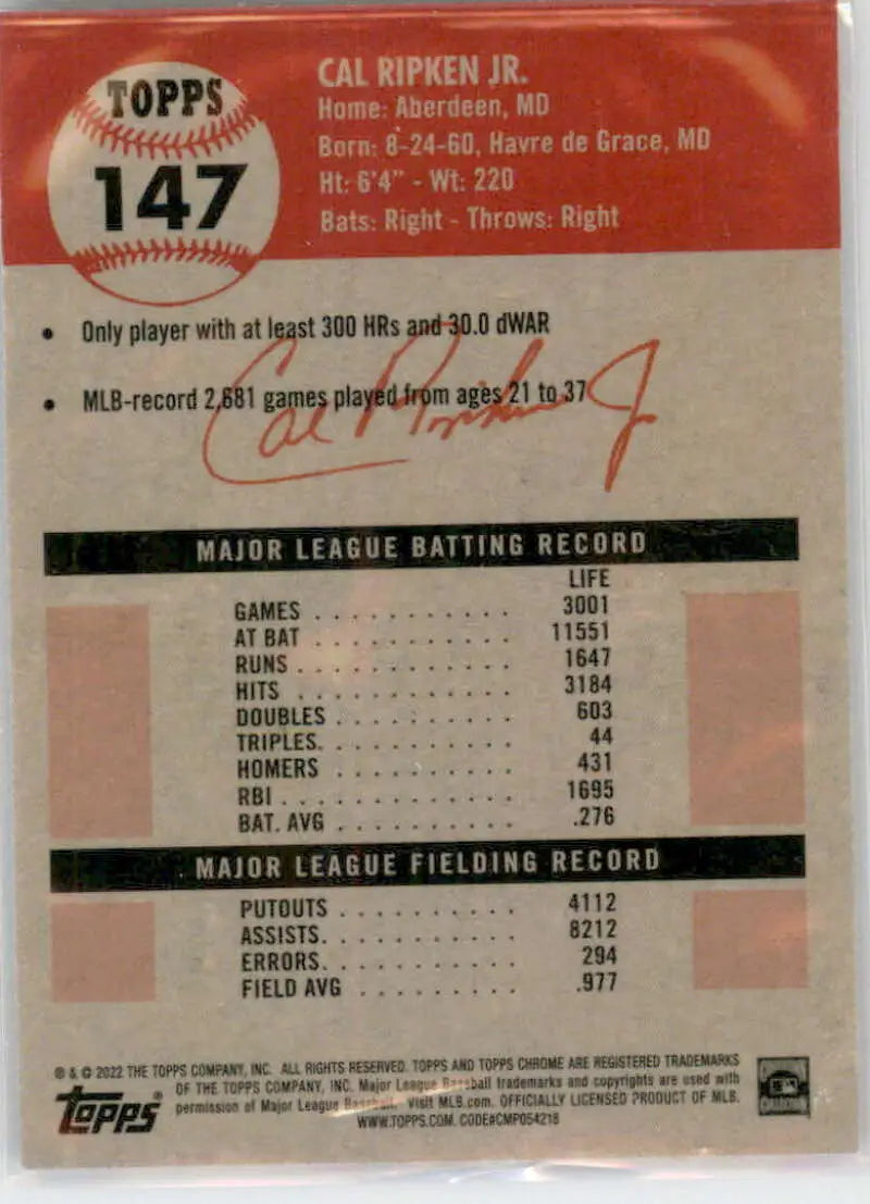 2022 Topps Chrome Platinum Anniversary #147 Cal Ripken Jr. EX Excellent Baltimore Orioles Baseball Card - Baseball Card