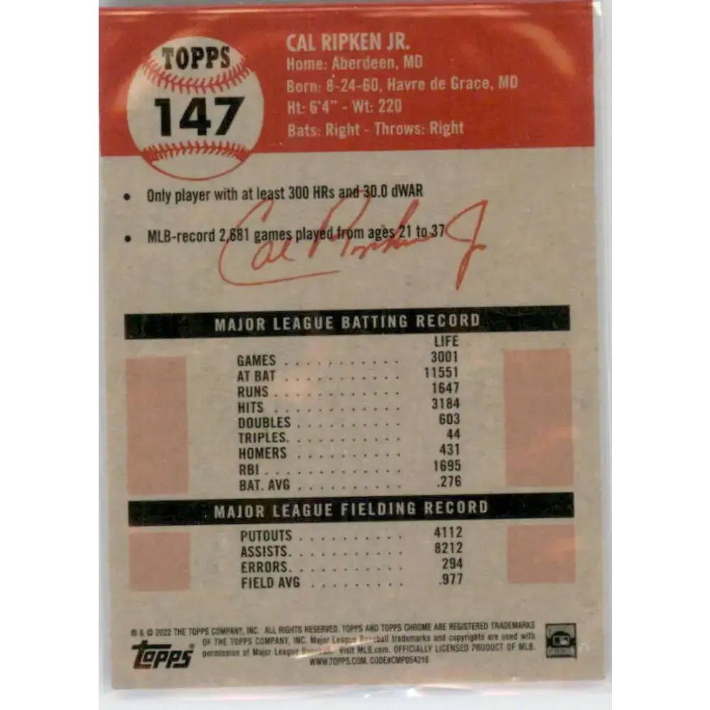 2022 Topps Chrome Platinum Anniversary #147 Cal Ripken Jr. NM-MT Baltimore Orioles Baseball Card - Baseball Card Single