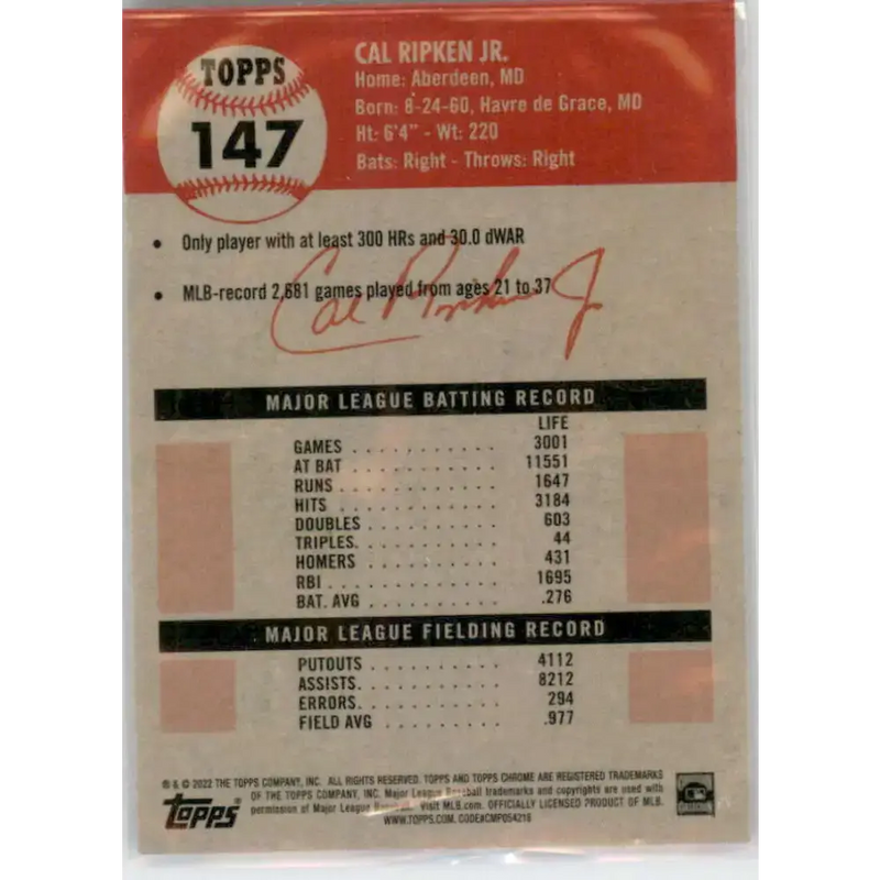 2022 Topps Chrome Platinum Anniversary #147 Cal Ripken Jr. NM-MT Baltimore Orioles Baseball Card - Baseball Card Single