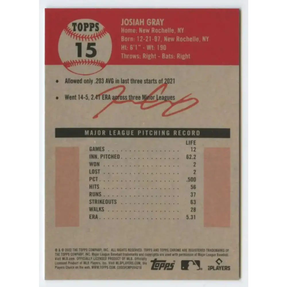 2022 Topps Chrome Platinum Anniversary #15 Josiah Gray NM-MT RC Rookie Washington Nationals Baseball Card - Baseball