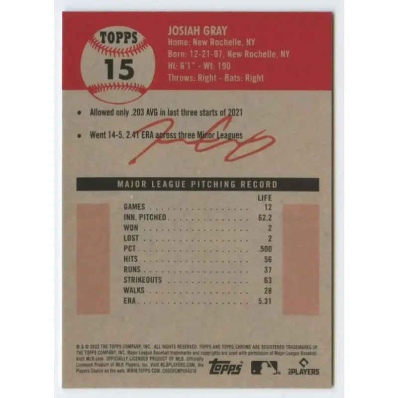 2022 Topps Chrome Platinum Anniversary #15 Josiah Gray NM-MT RC Rookie Washington Nationals Baseball Card - Baseball