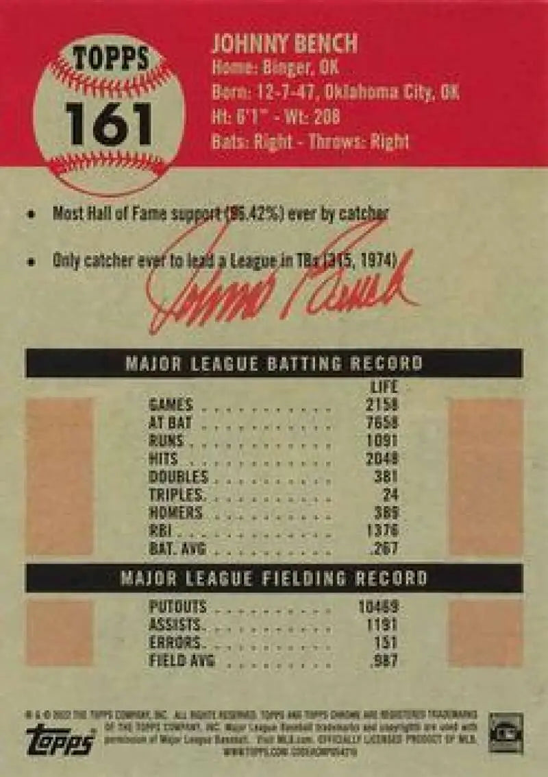 2022 Topps Chrome Platinum Anniversary #161 Johnny Bench EX Excellent Cincinnati Reds Baseball Card - Baseball Card