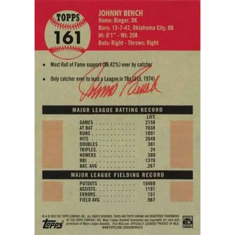 2022 Topps Chrome Platinum Anniversary #161 Johnny Bench NM-MT Cincinnati Reds Baseball Card - Baseball Card Single