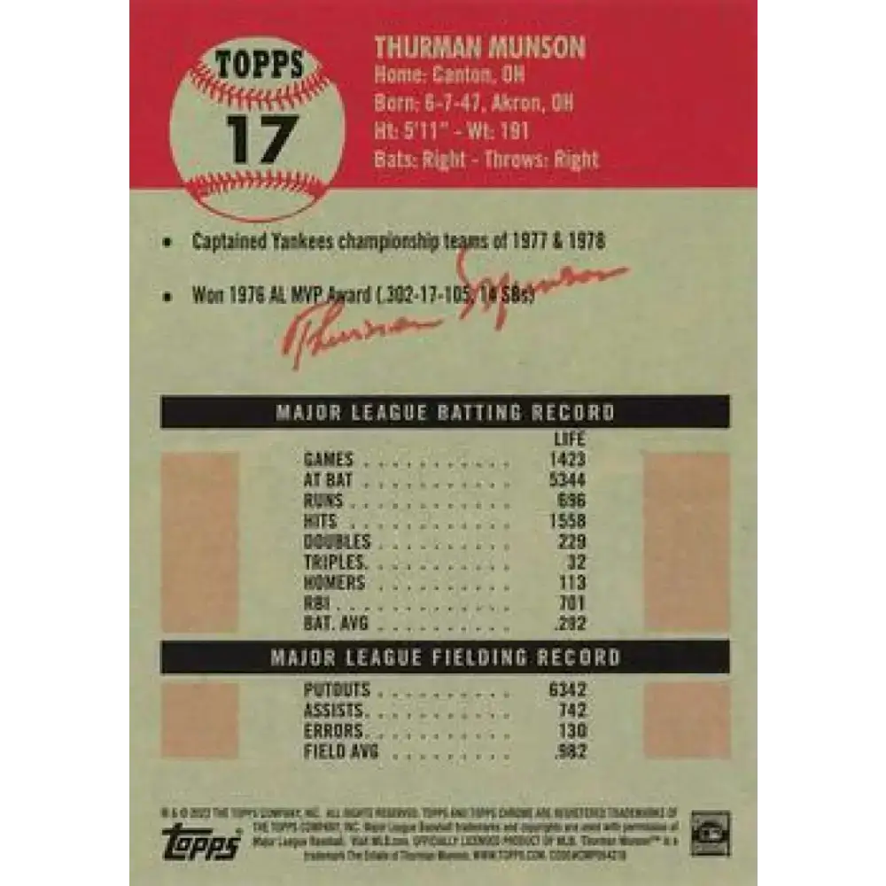 2022 Topps Chrome Platinum Anniversary #17 Thurman Munson NM-MT New York Yankees Baseball Card - Baseball Card Single