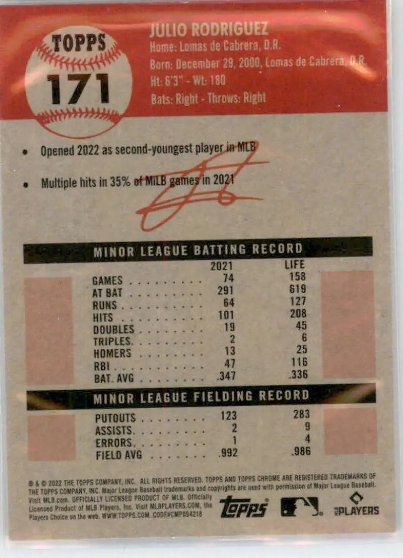 2022 Topps Chrome Platinum Anniversary #171 Julio Rodriguez EX Excellent RC Rookie Seattle Mariners Baseball Card