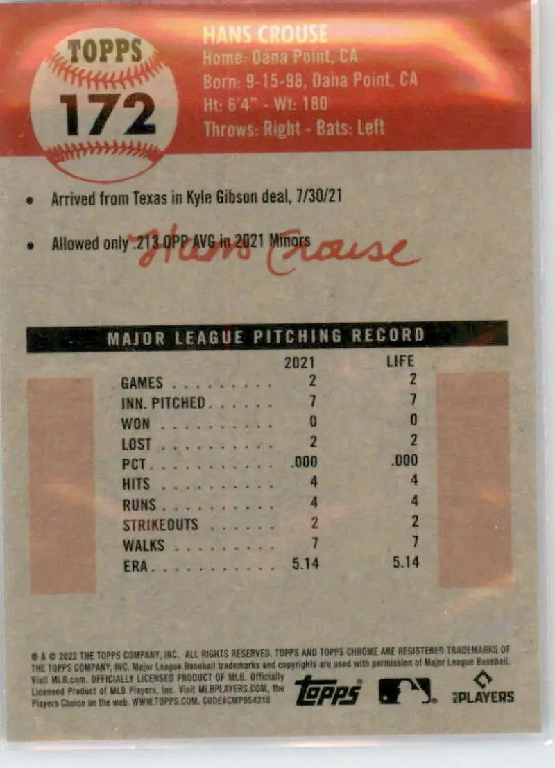 2022 Topps Chrome Platinum Anniversary #172 Hans Crouse EX Excellent RC Rookie Philadelphia Phillies Baseball Card