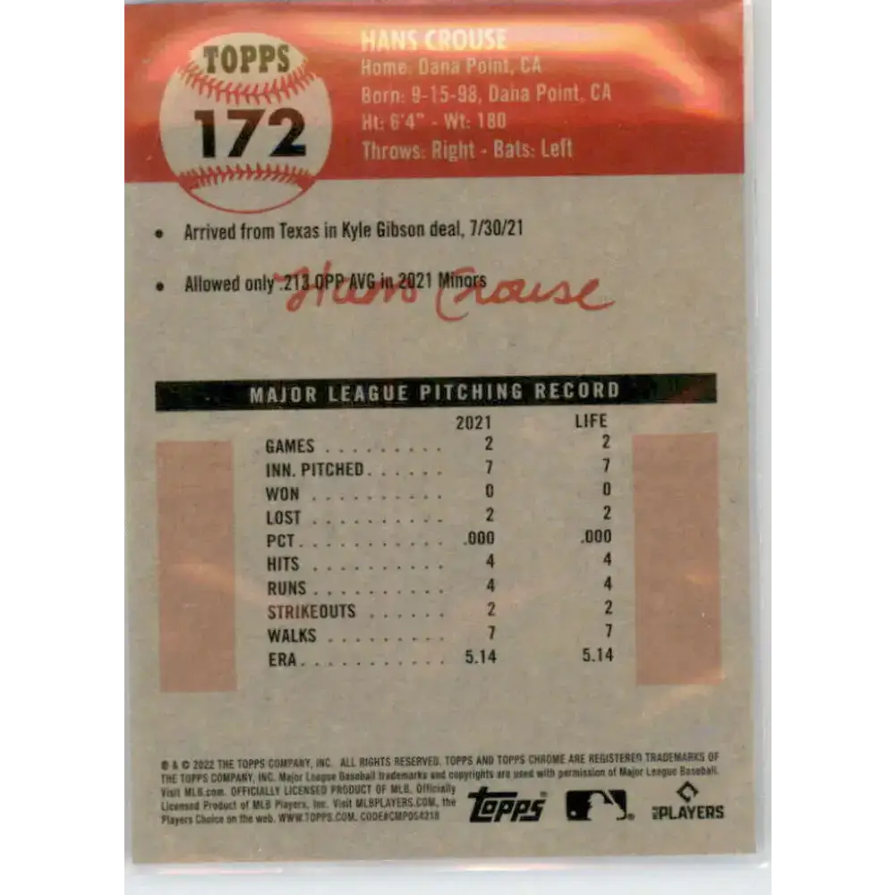 2022 Topps Chrome Platinum Anniversary #172 Hans Crouse NM-MT RC Rookie Philadelphia Phillies Baseball Card - Baseball