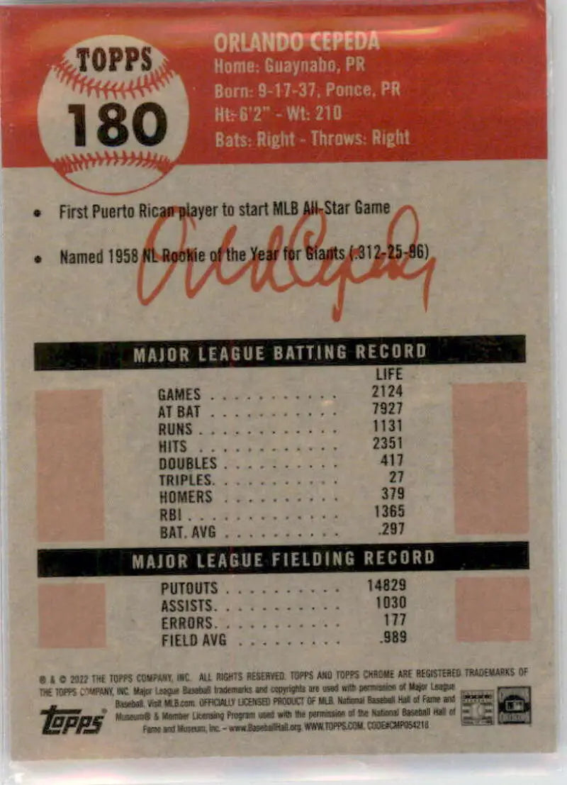 2022 Topps Chrome Platinum Anniversary #180 Orlando Cepeda EX Excellent San Francisco Giants Baseball Card - Baseball