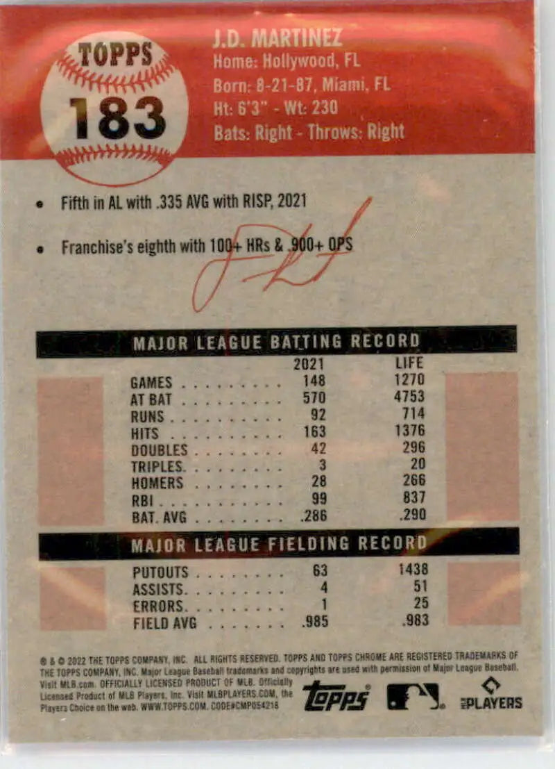 2022 Topps Chrome Platinum Anniversary #183 J.D. Martinez EX Excellent Boston Red Sox Baseball Card - Baseball Card