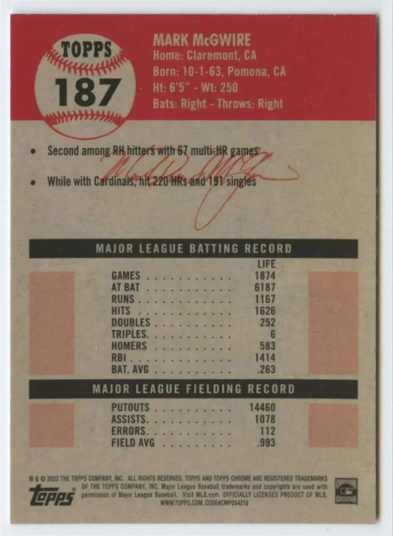 2022 Topps Chrome Platinum Anniversary #187 Mark McGwire EX Excellent St. Louis Cardinals Baseball Card - Baseball Card