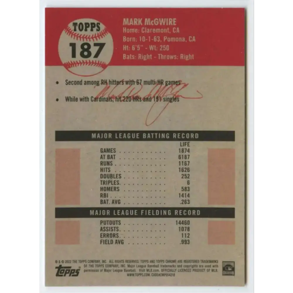 2022 Topps Chrome Platinum Anniversary #187 Mark McGwire NM-MT St. Louis Cardinals Baseball Card - Baseball Card Single