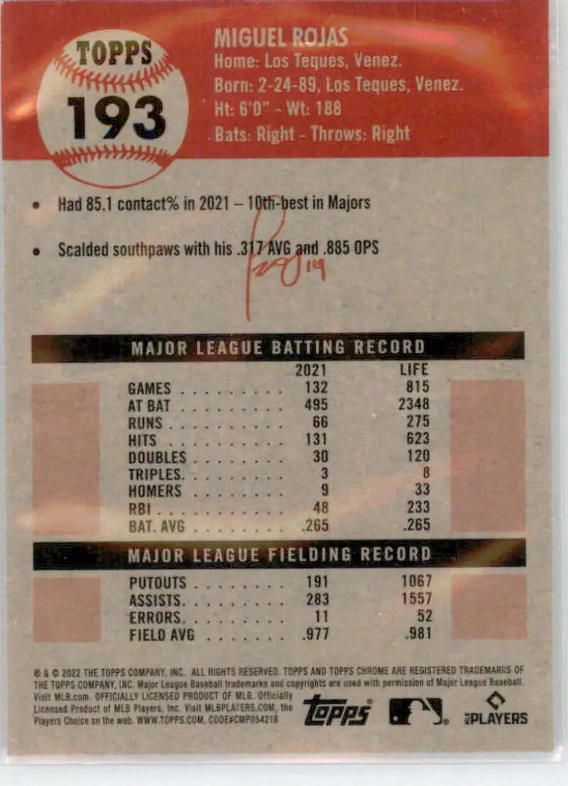 2022 Topps Chrome Platinum Anniversary #193 Miguel Rojas EX Excellent Miami Marlins Baseball Card - Baseball Card Single