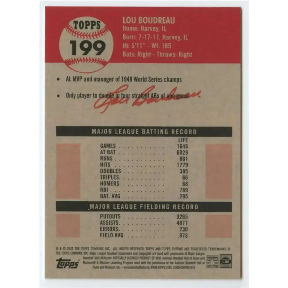 2022 Topps Chrome Platinum Anniversary #199 Lou Boudreau NM-MT Cleveland Baseball Card - Baseball Card Single