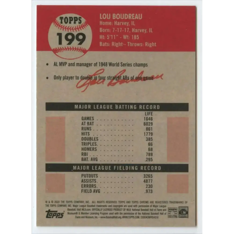 2022 Topps Chrome Platinum Anniversary #199 Lou Boudreau NM-MT Cleveland Baseball Card - Baseball Card Single