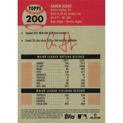 2022 Topps Chrome Platinum Anniversary #200 Aaron Judge NM-MT New York Yankees Baseball Card