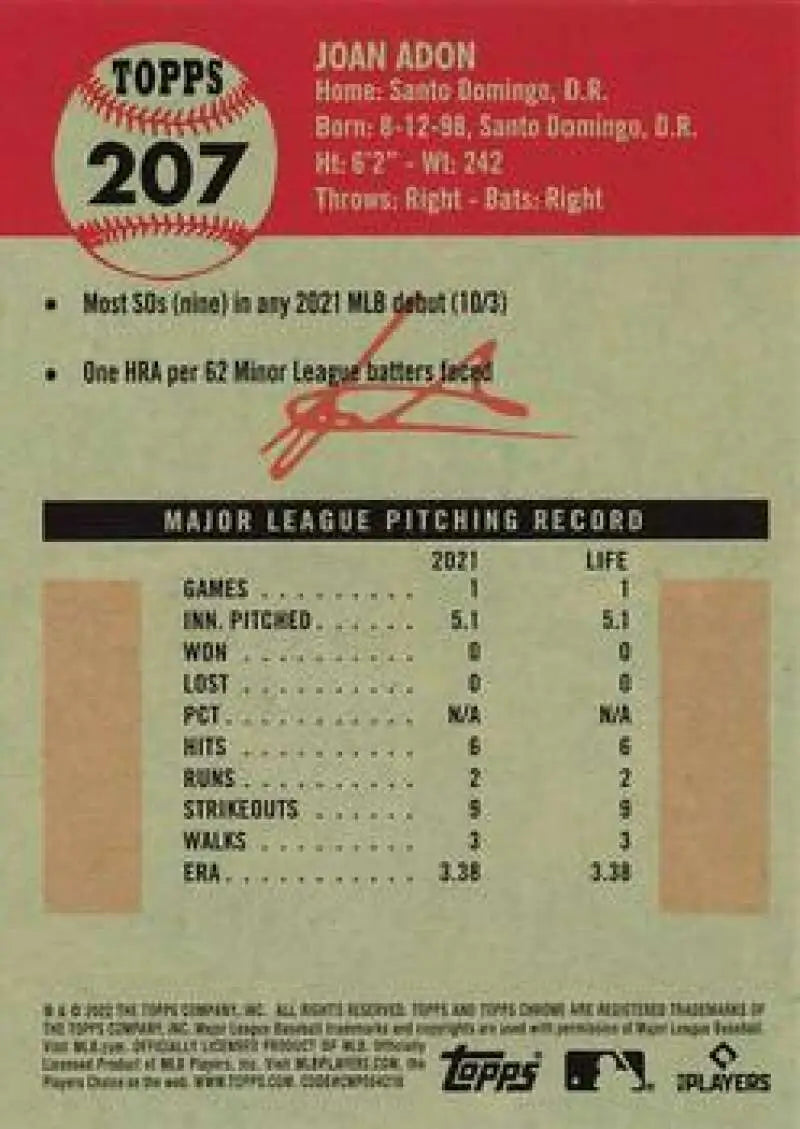 2022 Topps Chrome Platinum Anniversary #207 Joan Adon EX Excellent RC Rookie Washington Nationals Baseball Card