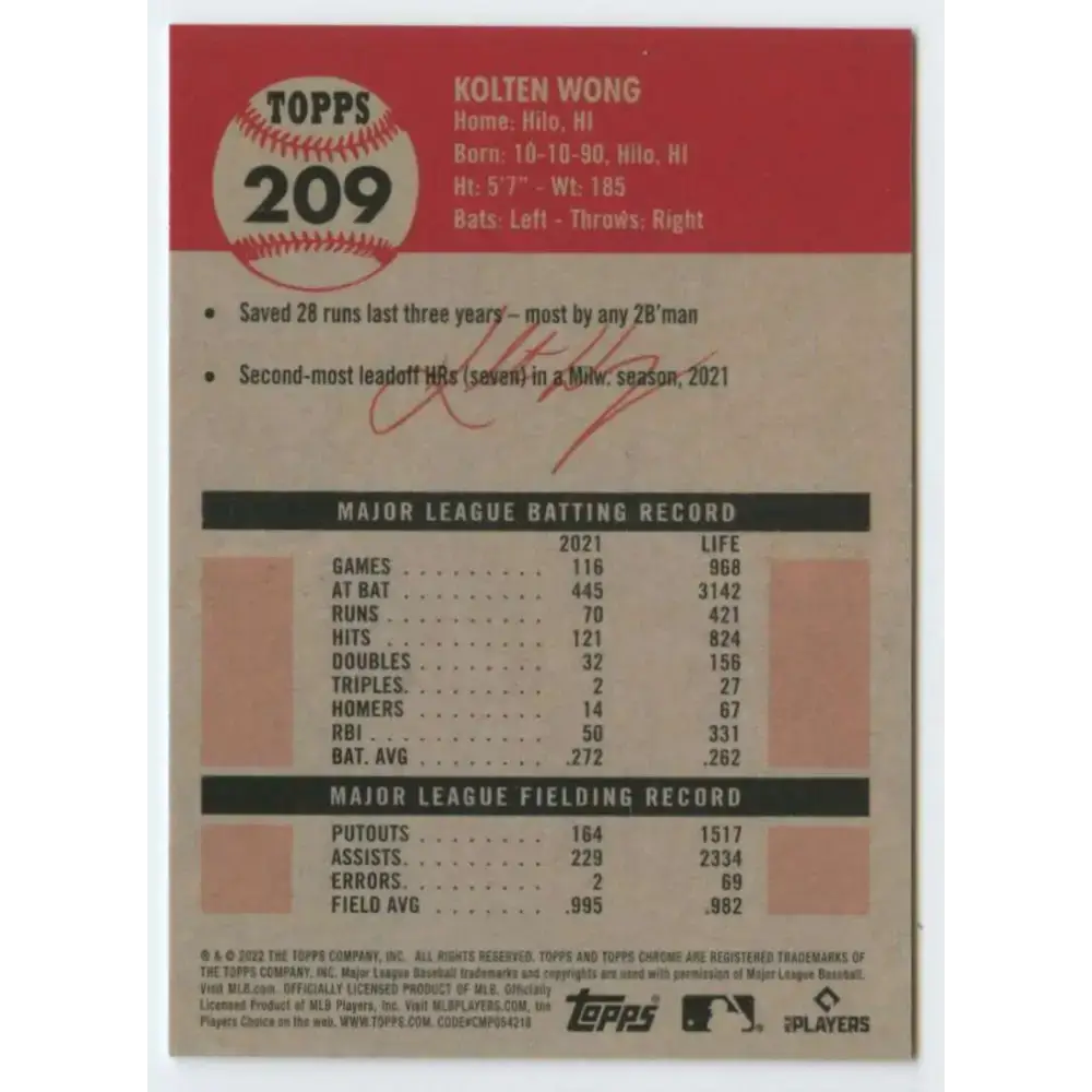 2022 Topps Chrome Platinum Anniversary #209 Kolten Wong NM-MT Milwaukee Brewers Baseball Card - Baseball Card Single
