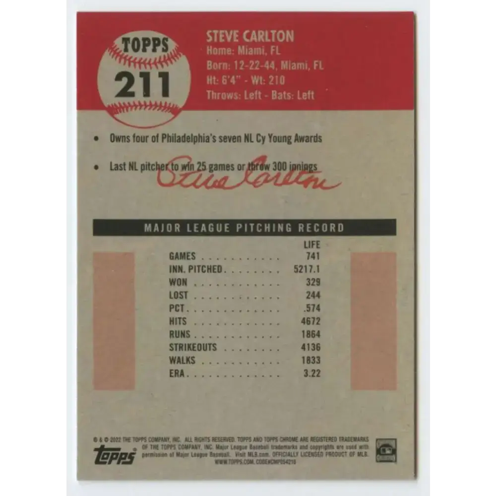 2022 Topps Chrome Platinum Anniversary #211 Steve Carlton NM-MT Philadelphia Phillies Baseball Card - Baseball Card