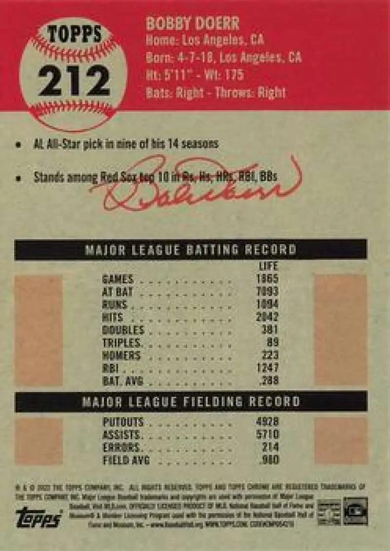 2022 Topps Chrome Platinum Anniversary #212 Bobby Doerr EX Excellent Boston Red Sox Baseball Card - Baseball Card Single