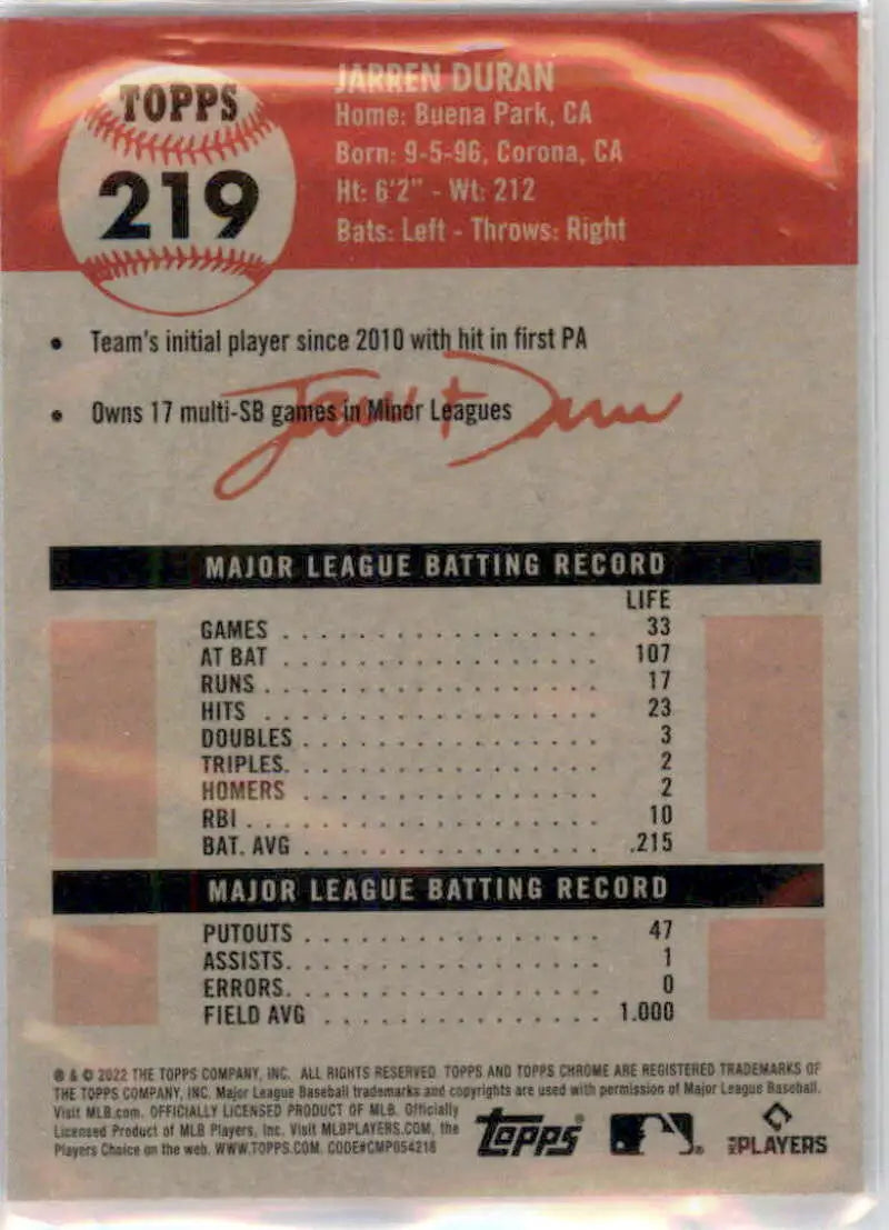 2022 Topps Chrome Platinum Anniversary #219 Jarren Duran EX Excellent RC Rookie Boston Red Sox Baseball Card - Baseball