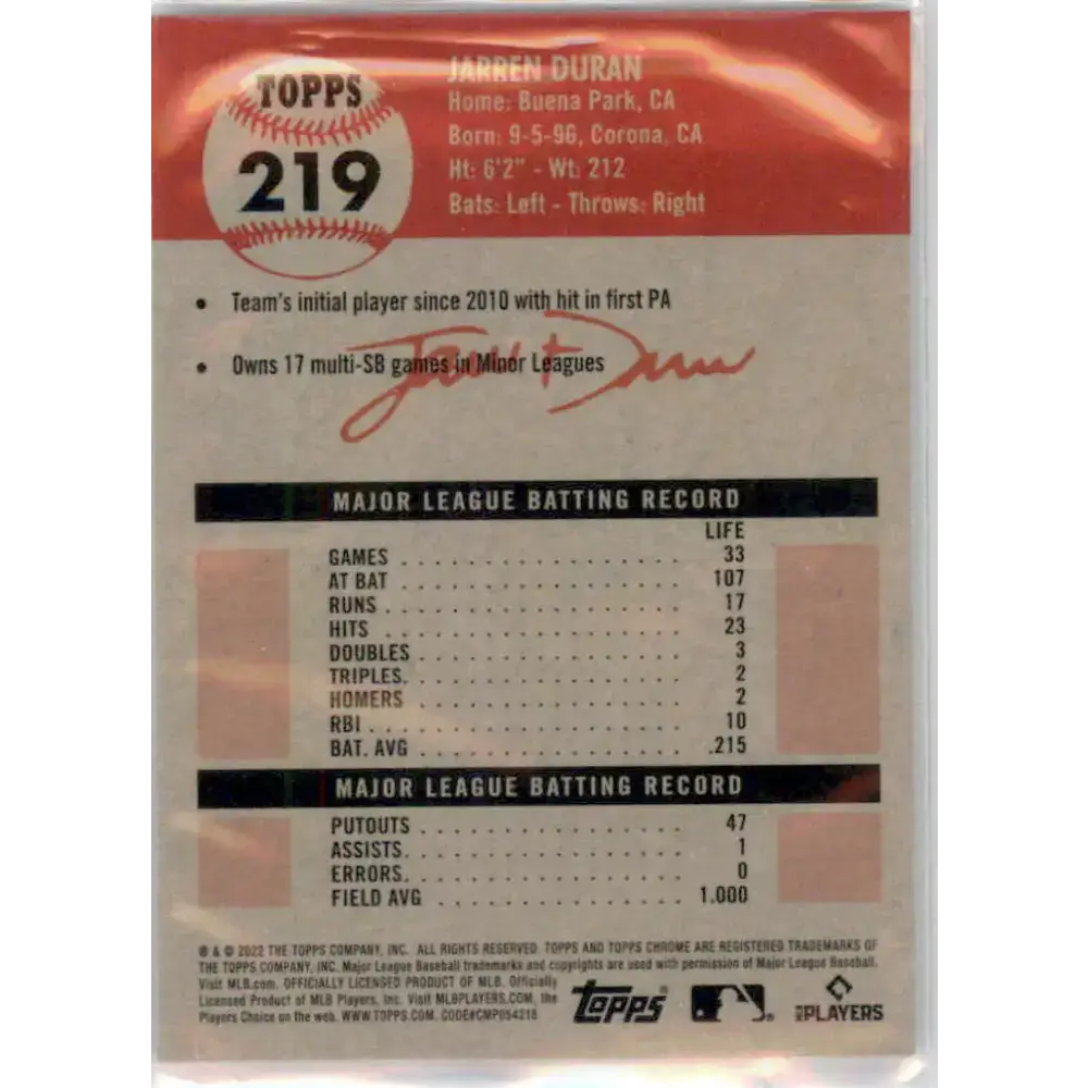 2022 Topps Chrome Platinum Anniversary #219 Jarren Duran NM-MT RC Rookie Boston Red Sox Baseball Card - Baseball Card