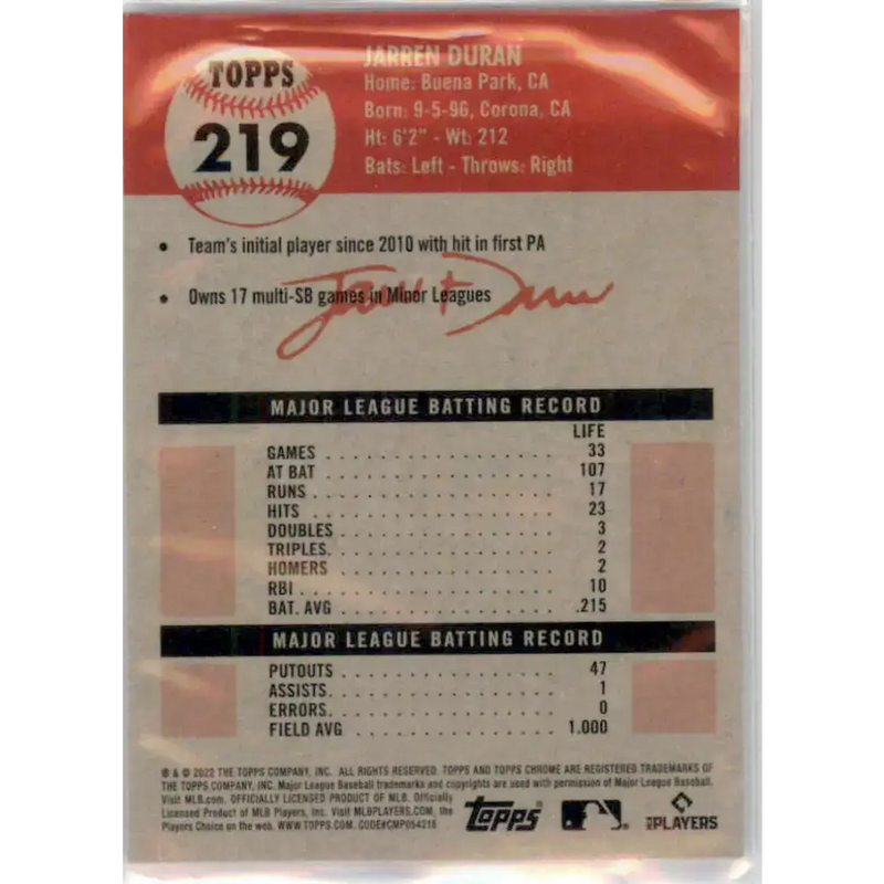 2022 Topps Chrome Platinum Anniversary #219 Jarren Duran NM-MT RC Rookie Boston Red Sox Baseball Card - Baseball Card