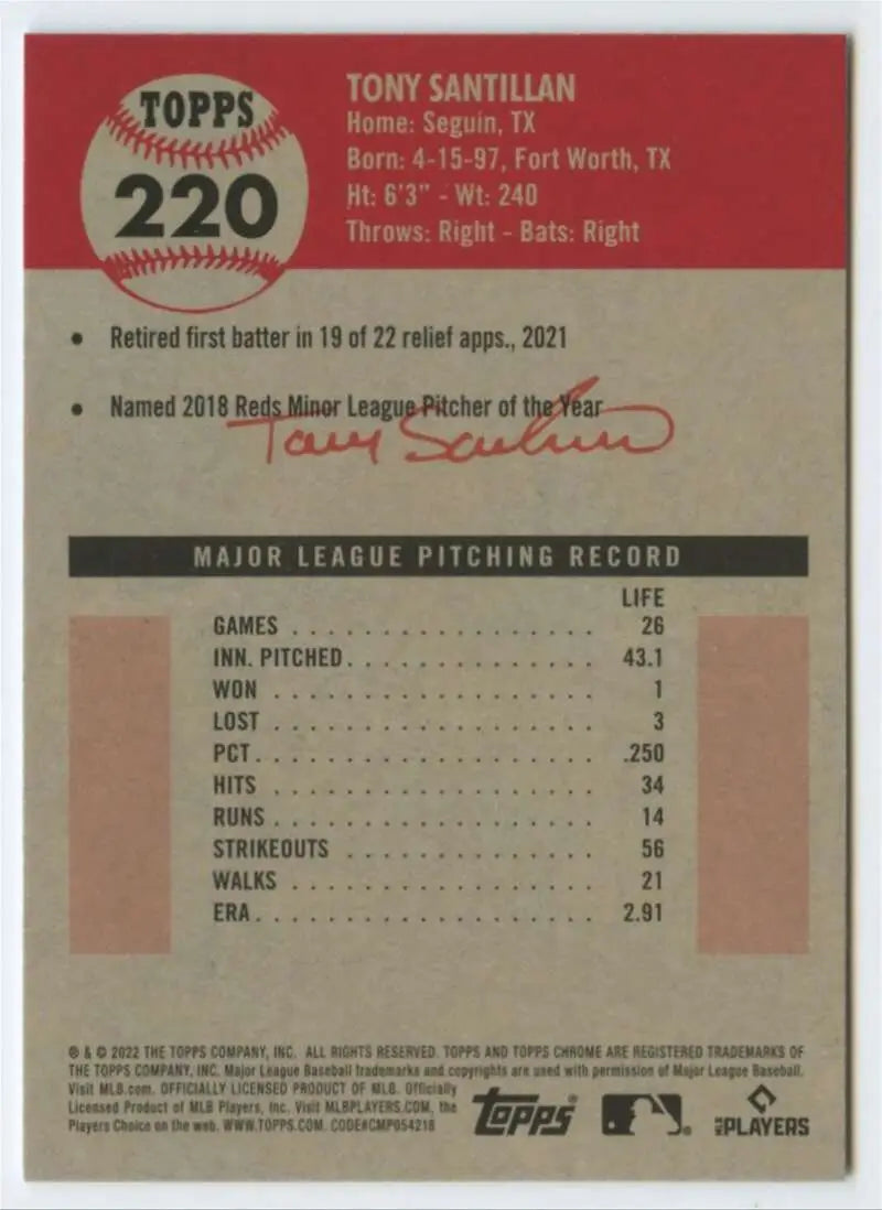 2022 Topps Chrome Platinum Anniversary #220 Tony Santillan EX Excellent RC Rookie Cincinnati Reds Baseball Card