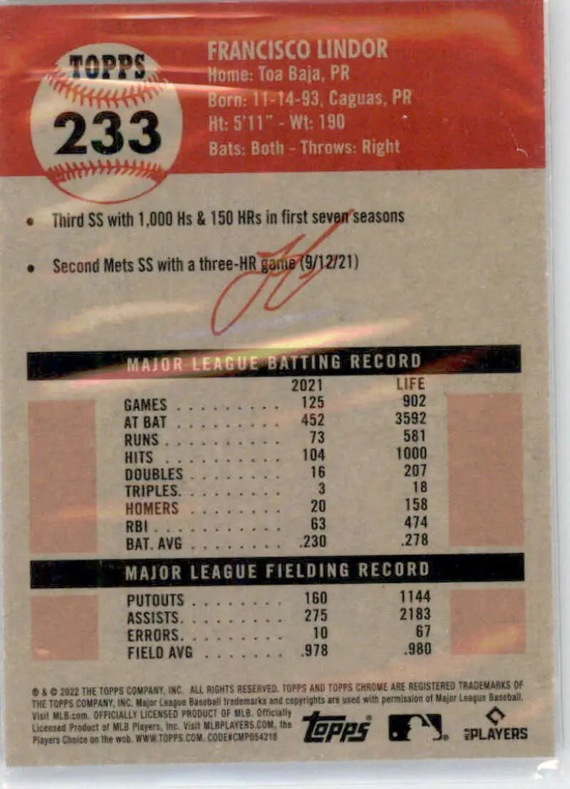 2022 Topps Chrome Platinum Anniversary #233 Francisco Lindor EX Excellent New York Mets Baseball Card - Baseball Card