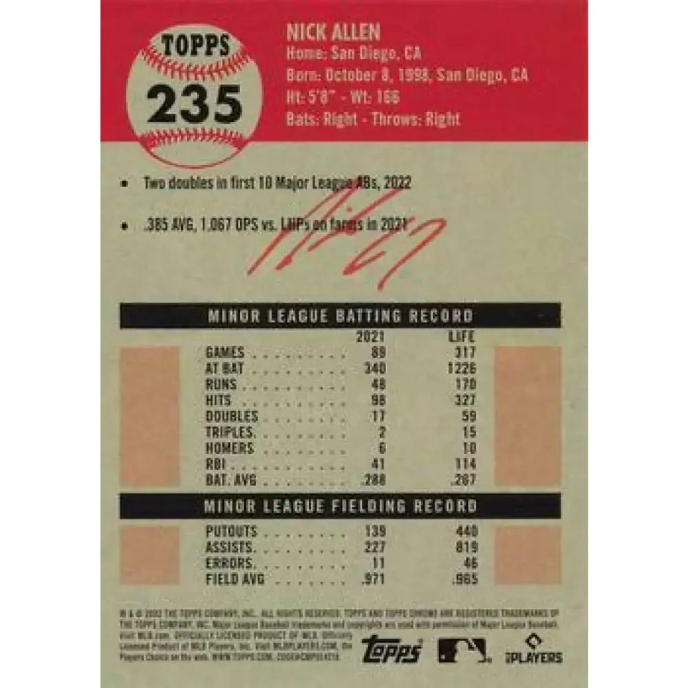 2022 Topps Chrome Platinum Anniversary #235 Nick Allen NM-MT RC Rookie Oakland Athletics Baseball Card - Baseball Card