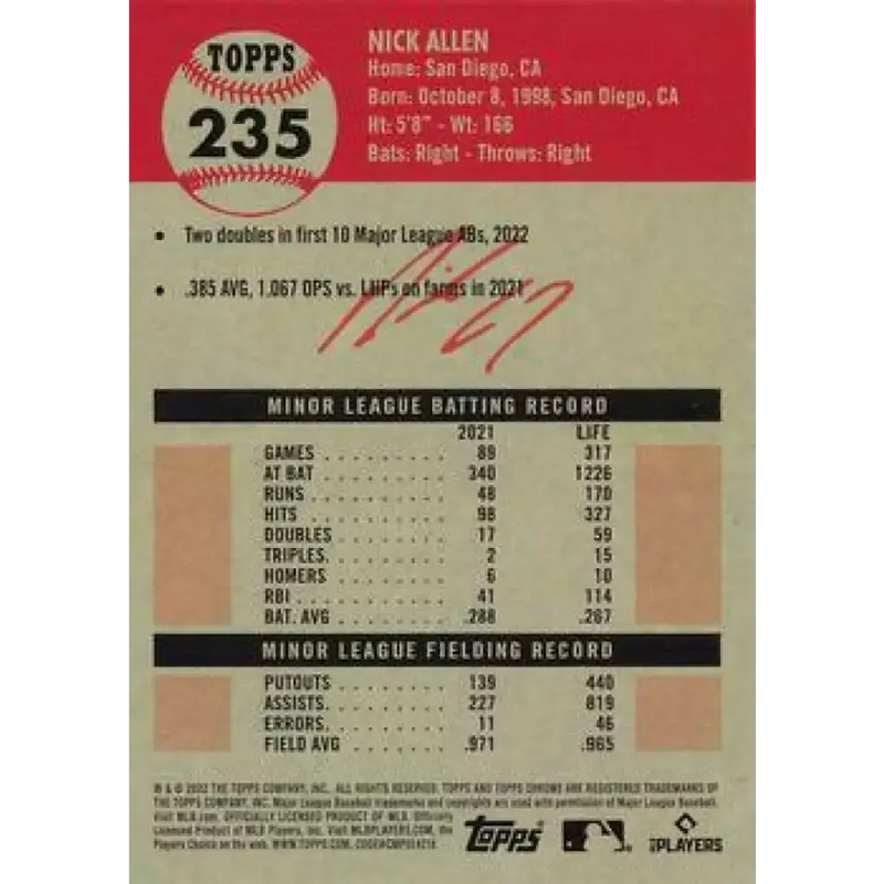 2022 Topps Chrome Platinum Anniversary #235 Nick Allen NM-MT RC Rookie Oakland Athletics Baseball Card - Baseball Card