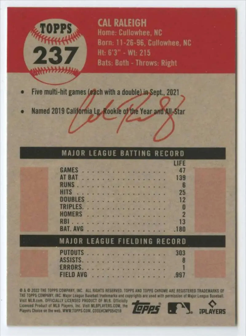 2022 Topps Chrome Platinum Anniversary #237 Cal Raleigh EX Excellent RC Rookie Seattle Mariners Baseball Card