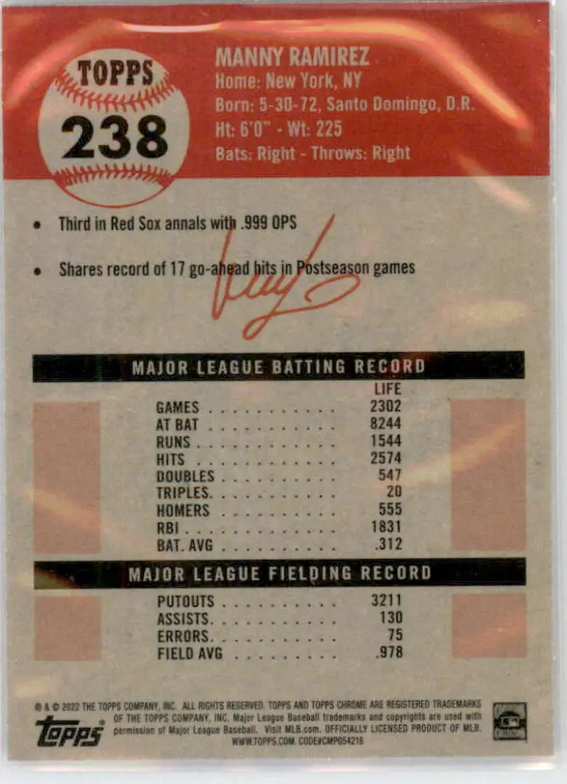 2022 Topps Chrome Platinum Anniversary #238 Manny Ramirez EX Excellent Boston Red Sox Baseball Card - Baseball Card