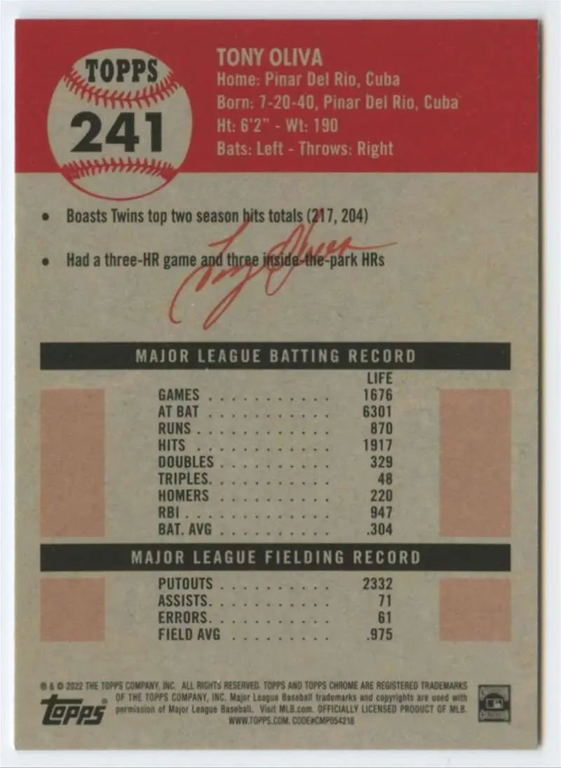 2022 Topps Chrome Platinum Anniversary #241 Tony Oliva EX Excellent Minnesota Twins Baseball Card - Baseball Card Single
