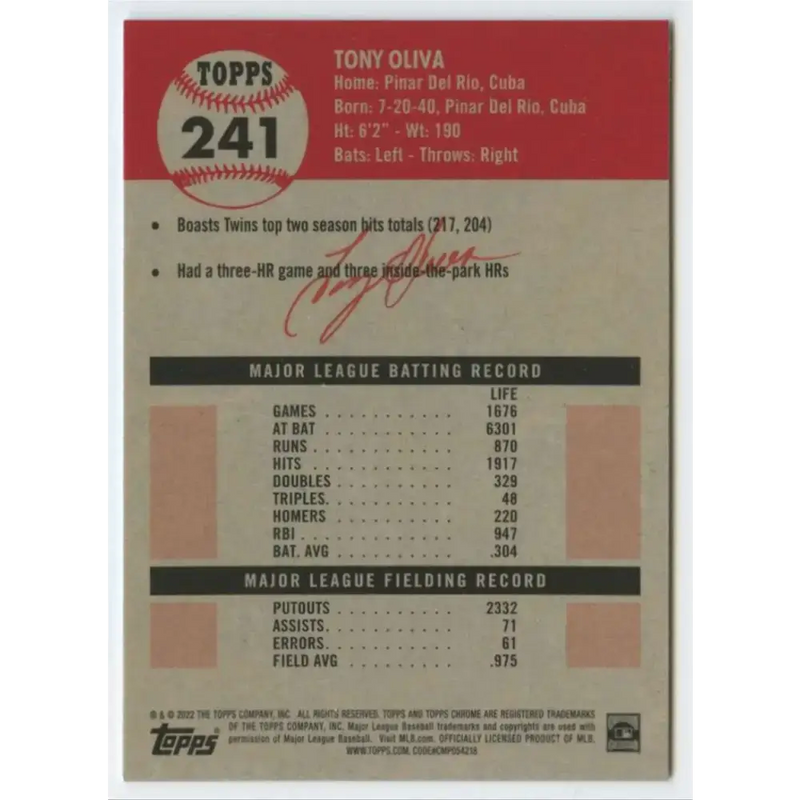 2022 Topps Chrome Platinum Anniversary #241 Tony Oliva NM-MT Minnesota Twins Baseball Card - Baseball Card Single