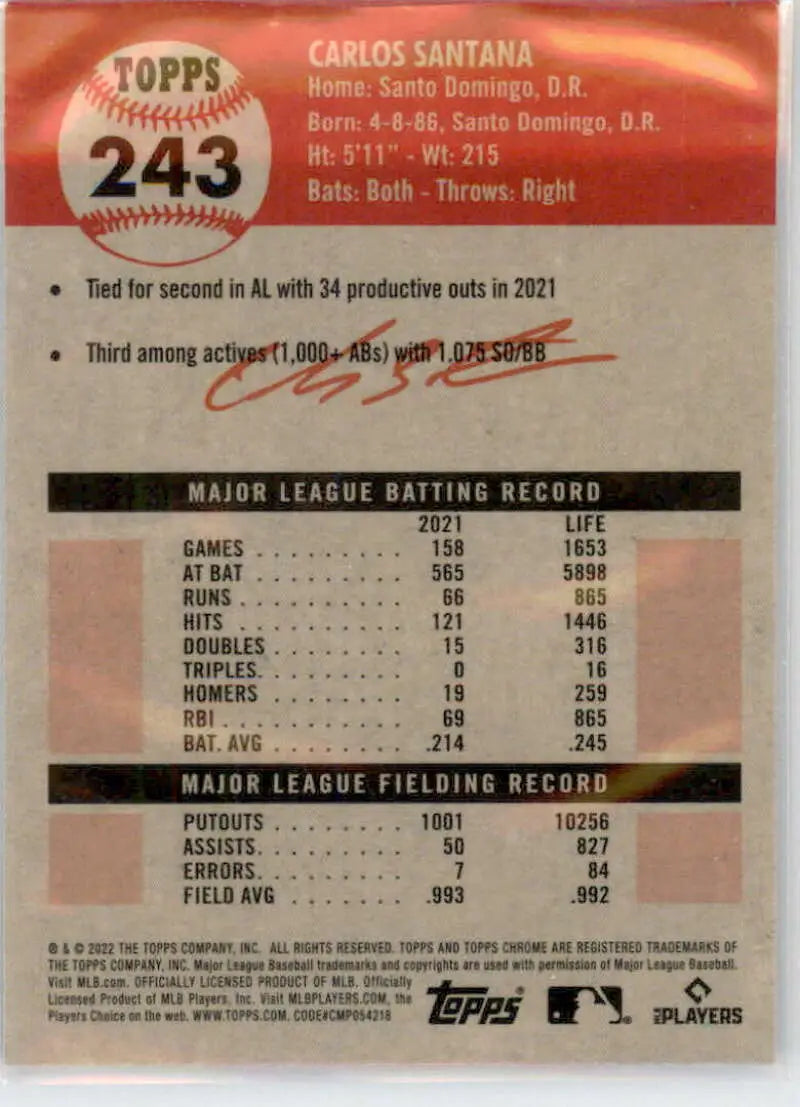2022 Topps Chrome Platinum Anniversary #243 Carlos Santana EX Excellent Kansas City Royals Baseball Card - Baseball