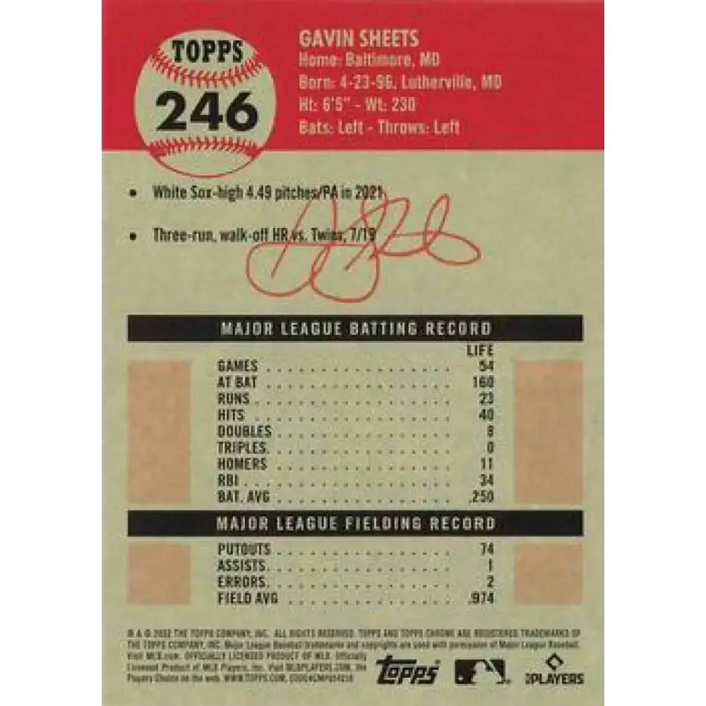 2022 Topps Chrome Platinum Anniversary #246 Gavin Sheets NM-MT RC Rookie Chicago White Sox Baseball Card - Baseball