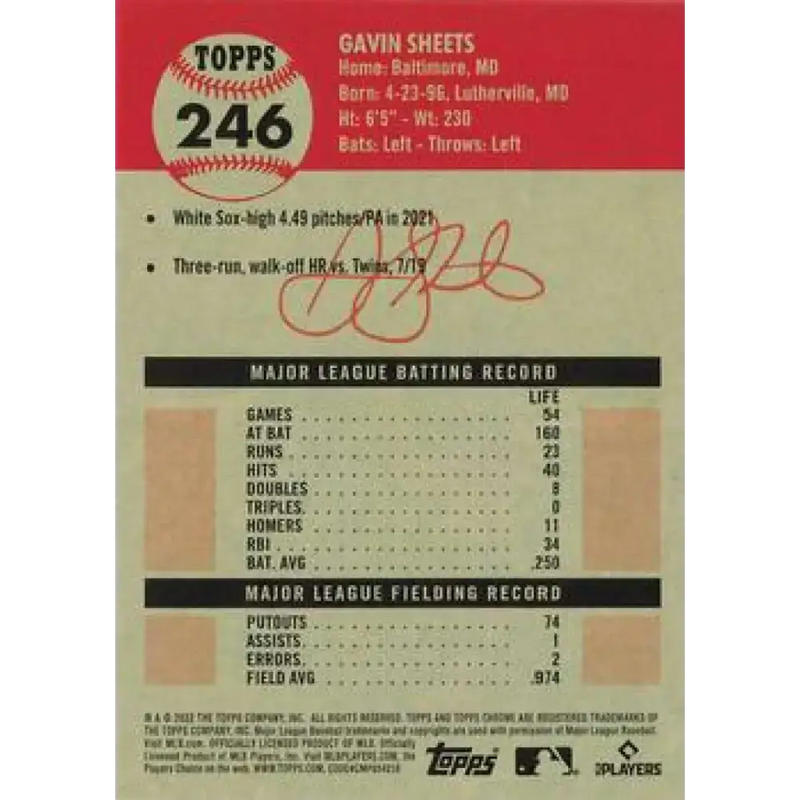 2022 Topps Chrome Platinum Anniversary #246 Gavin Sheets NM-MT RC Rookie Chicago White Sox Baseball Card - Baseball